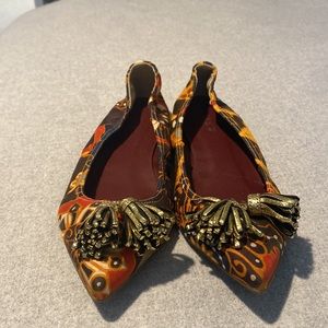 J. Crew patterned flats with gold metallic tassel